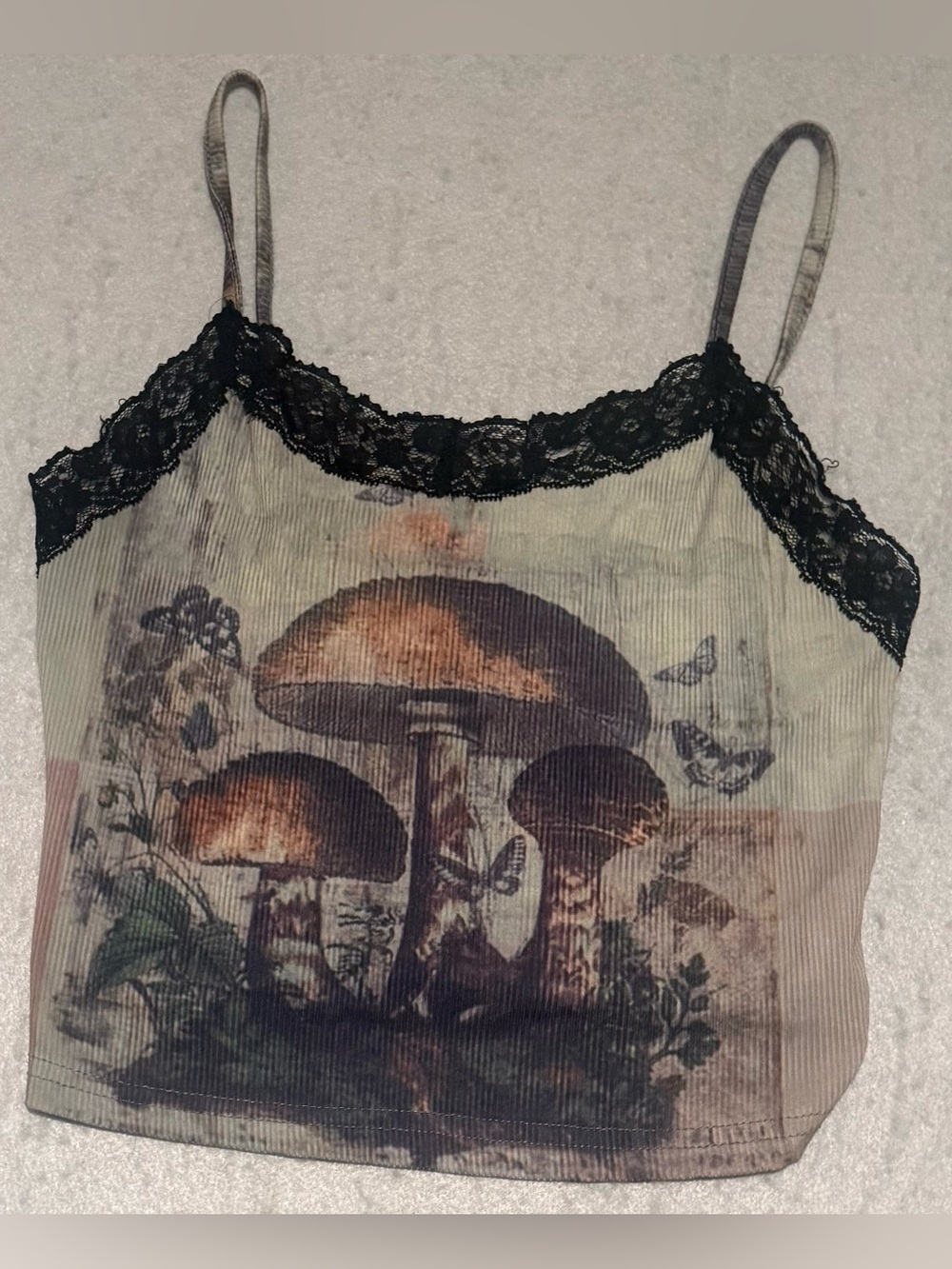 FairyCore Mushroom Print Black Lace-Trim Camisole Top Size XS